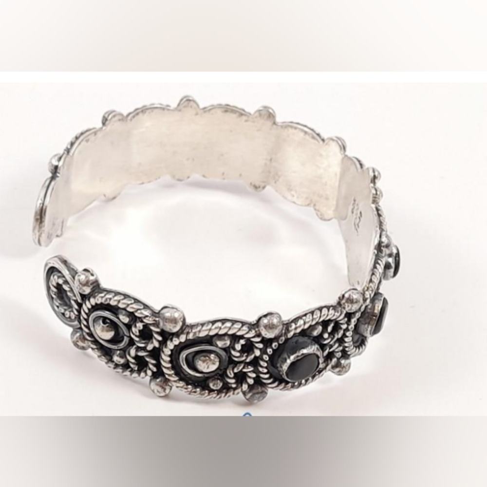 Southwest Mexico 925 Sterling Silver Onyx Cuff Vintage Bracelet - Picture 3 of 12